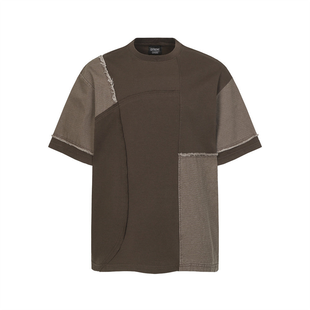 T-shirt à manches courtes à franges et à blocs de couleur irréguliers