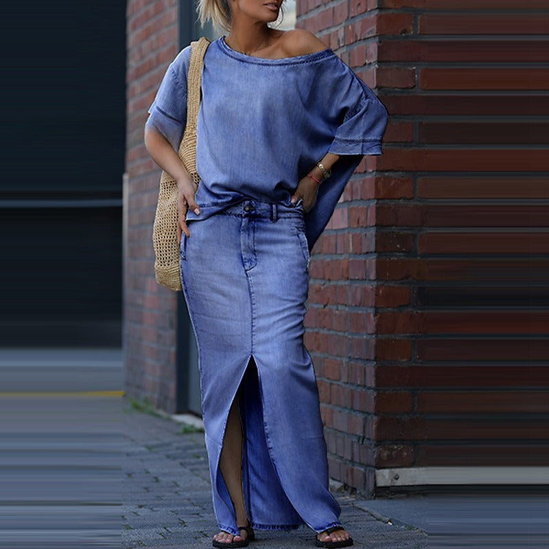 Ensemble jupe deux pièces tendance : haut ample à manches chauve-souris et manches courtes, jupe longue fendue cintrée, patchwork chic. Vêtements pour femmes