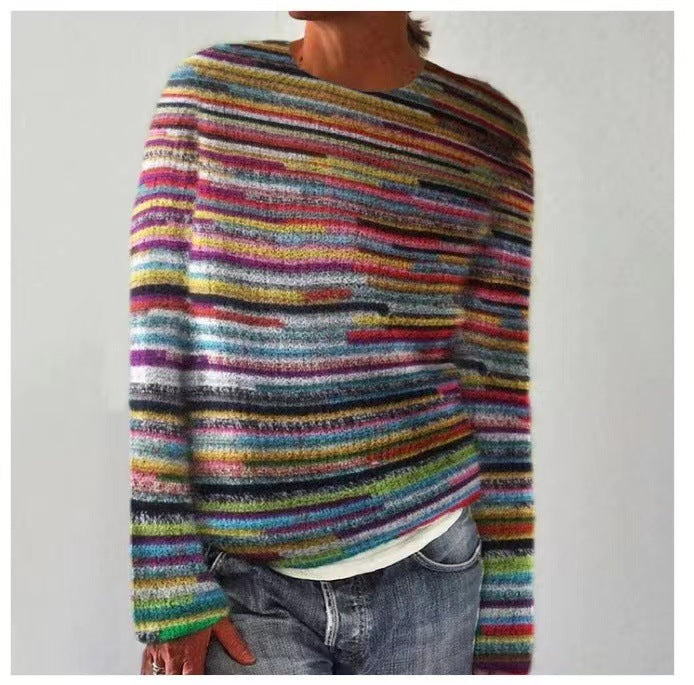 Suéter holgado de moda multicolor con cuello redondo para mujer