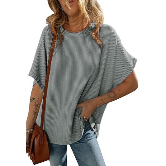 Camiseta de punto de color liso para mujer, holgada informal