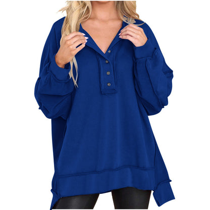 Nueva blusa de color liso con cuello redondo para mujer