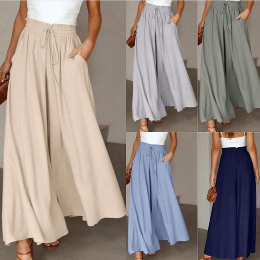 Pantalones Largos de Vestir de Pierna Ancha con Cintura Elástica de Talle Alto para Mujer