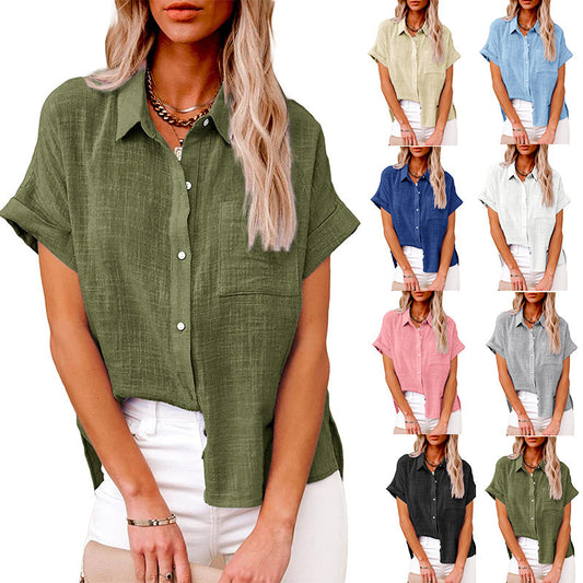 Women's Fashion Casual Cotton Linen Pocket Short-sleeved Shirt