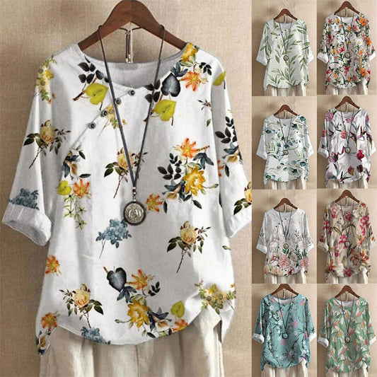 Camisa holgada estampada de moda de algodón y lino para mujer