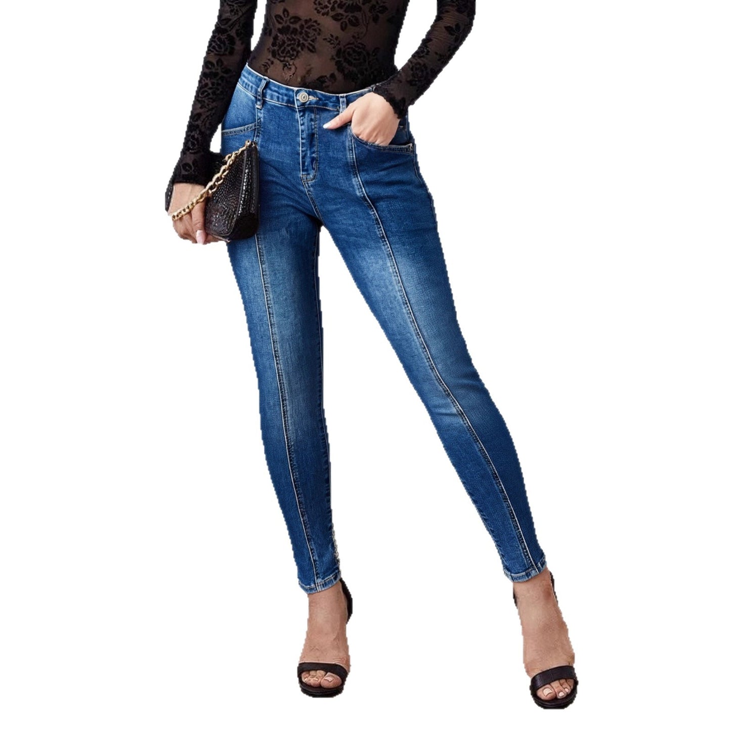 Jean en jean patchwork pour femme coupe ajustée avec coutures apparentes et confection tridimensionnelle