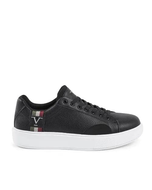 V Italia men's sneaker, black pebbled leather with white platform sole and logo stripe.