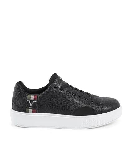 V Italia men's sneaker, black pebbled leather with white platform sole and logo stripe.