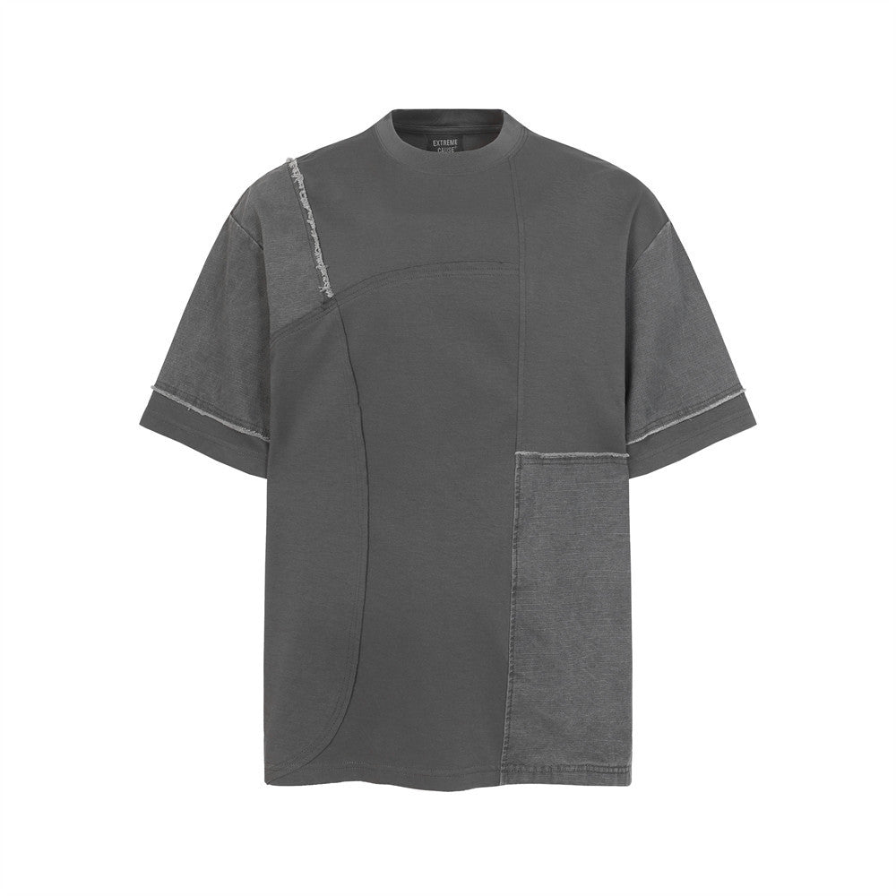 T-shirt à manches courtes à franges et à blocs de couleur irréguliers
