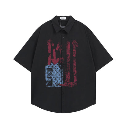 Color blocked graffiti printed short sleeved shirt