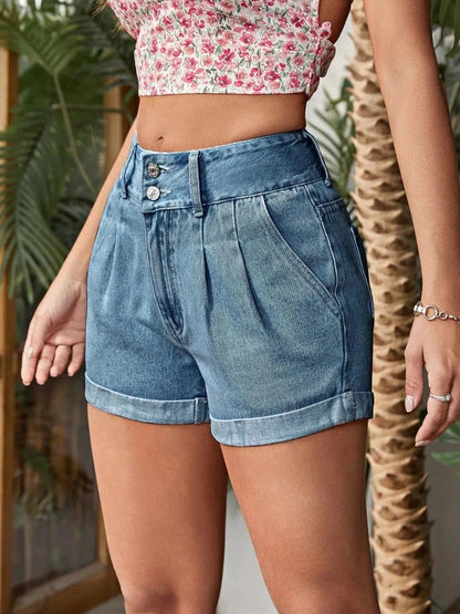 Pleated Detail High Rise Denim Shorts by eprolo