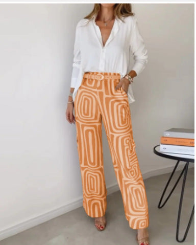 Ensemble Femme Chemise Décontractée à Revers et Manches Longues Imprimée et Pantalon Large