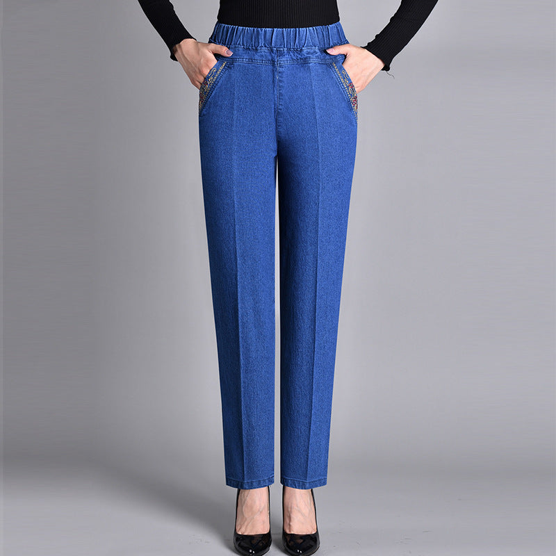 Pantalon en jean taille haute élastique coupe droite