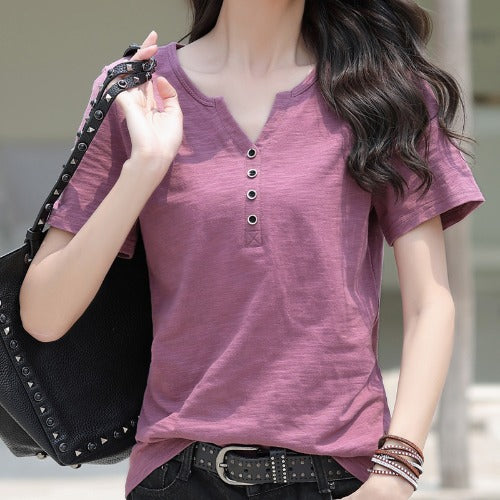 Camiseta de algodón de manga corta para mujer, camisa suelta básica