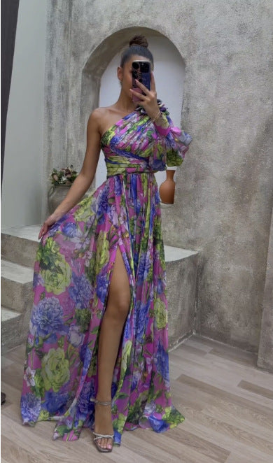 Robe longue fendue à imprimé floral sexy, robe d'été décontractée à une épaule et manches longues pour femme