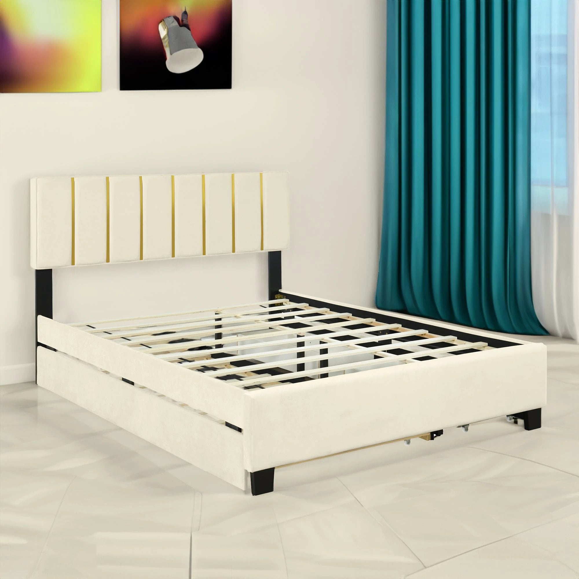 Queen Size Upholstered Platform Bed with 2 Drawers and 1 Trundle, Classic Metal Strip Headboard Design, Beige by eprolo