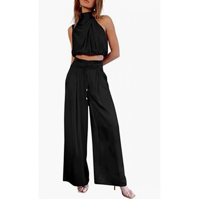 Ensemble 2 pièces d'été décontracté pour femme : haut sans manches court et pantalon large