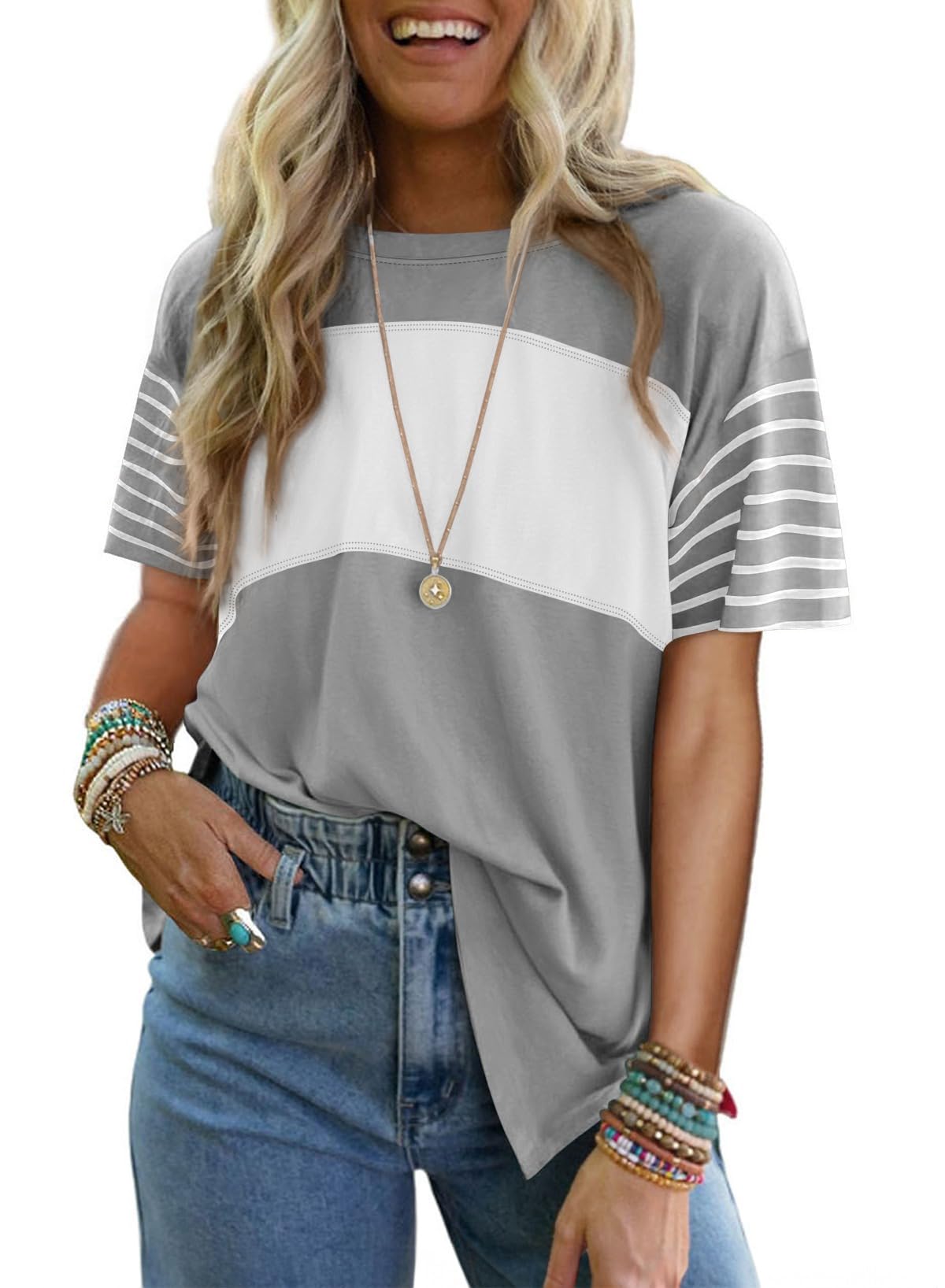 T-shirt à manches courtes rayé et color-block décontracté à col rond pour femme