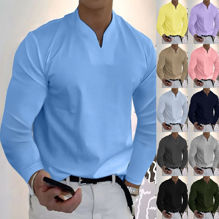 Chemises à manches longues col en V couleur unie décontractées pour hommes