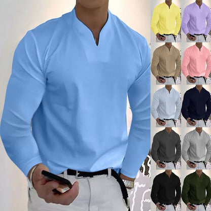 Chemises à manches longues col en V couleur unie décontractées pour hommes