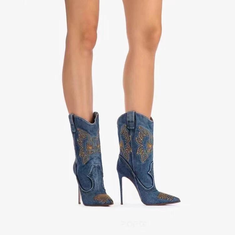 Western cowboy style high heels, pointed high heels, embroidered short tube, slim and sexy knight boots, fashion boots for women by eprolo