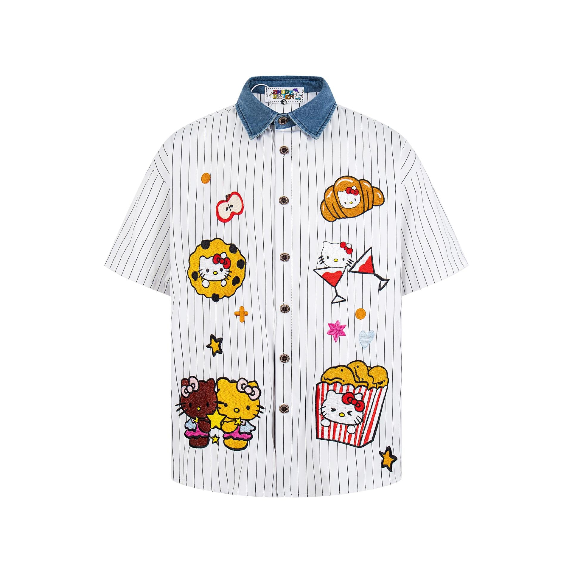 Cat embroidery vertical stripe short sleeved shirt