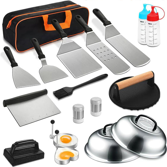 Ensemble barbecue 29 pièces avec presse à hamburger, ustensiles de grillade et spatule en acier inoxydable