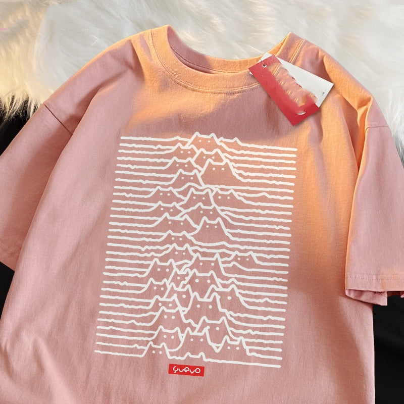 Camiseta de manga corta de algodón puro con estampado de gato de montaña, estilo casual y veraniego