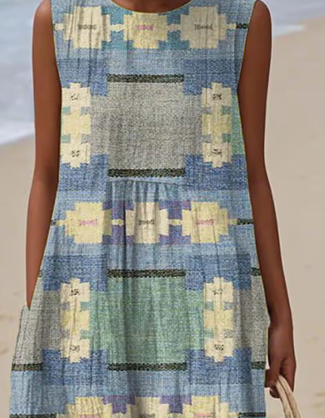 Robe imprimée color block sans manches à col rond pour femme