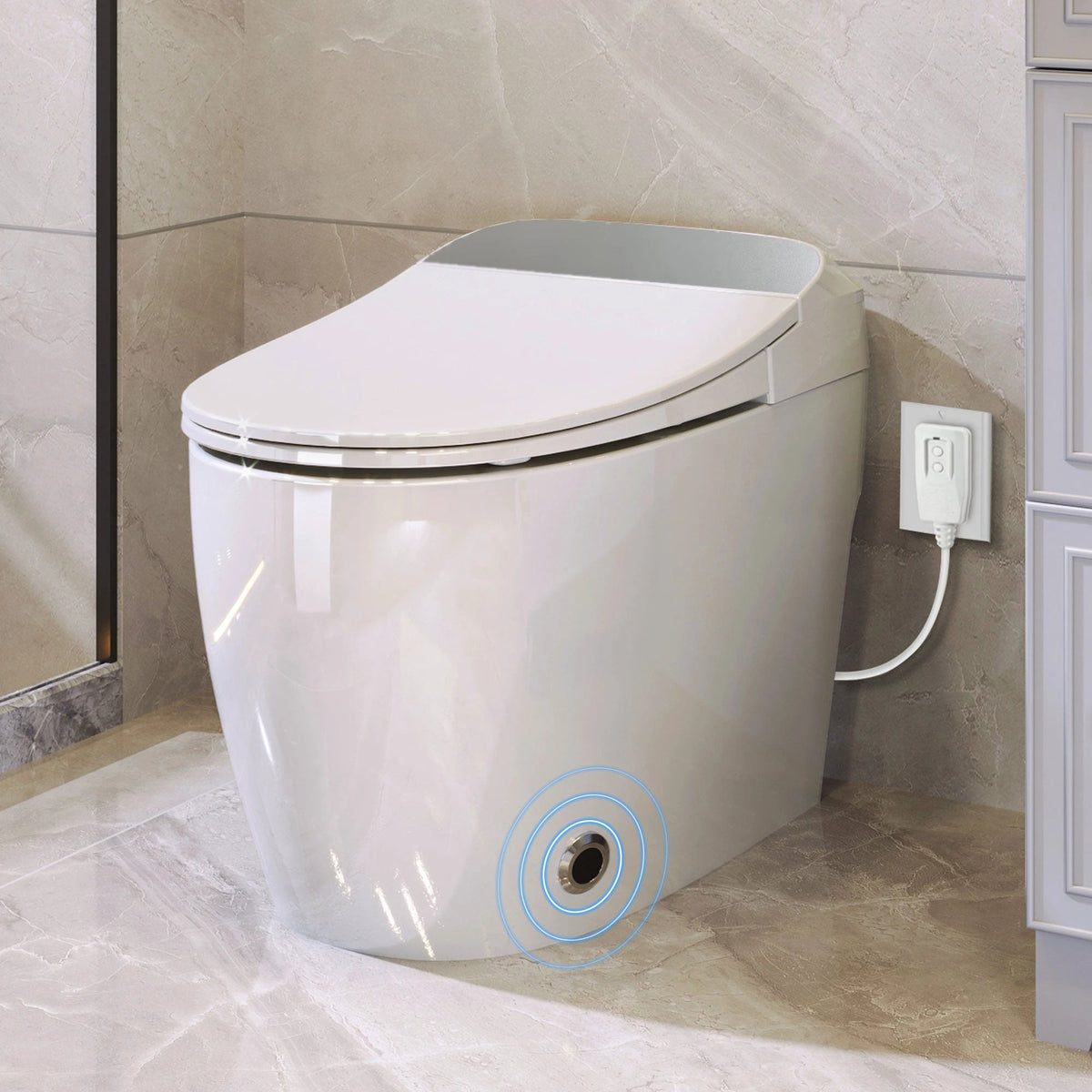 Heated seat intelligent toilet, integrated toilet, automatic flushing water tank toilet, with foot sensor flushing, white night by eprolo