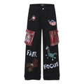 Pantalon en jean décontracté à jambes larges pour femme avec imprimé cartoon style écossais vintage américain mode urbaine