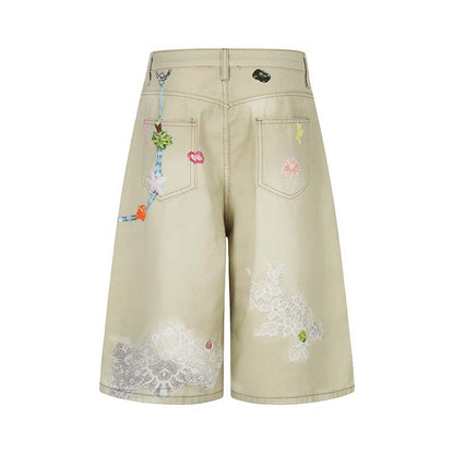 Flower Hanging Decoration 3D Digital Printing Washed Denim Cropped Pants