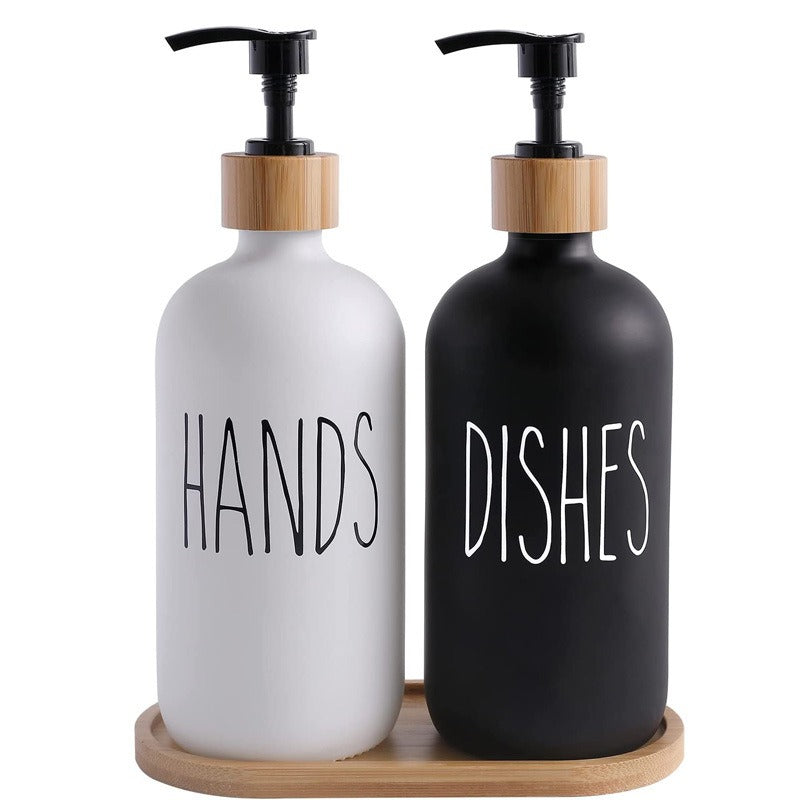 Glass 500ml Boston hand soap pump black and white split bottle wooden cap soap dispenser shampoo bottle by eprolo