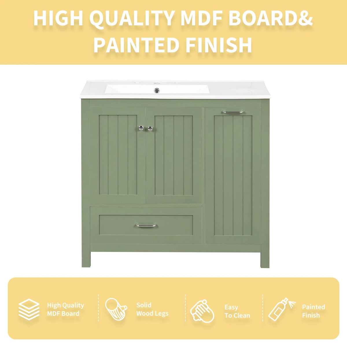 36 inch bathroom vanity with sink, one double door cabinet one large drawer and one flip drawer solid wood and MDF board, green by eprolo