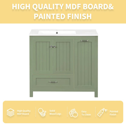 36 inch bathroom vanity with sink, one double door cabinet one large drawer and one flip drawer solid wood and MDF board, green by eprolo