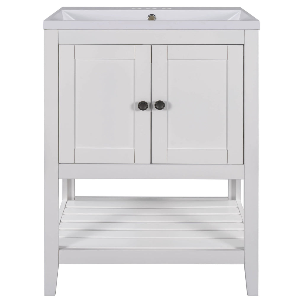 24" White Modern Sleek Bathroom Vanity Elegant Ceramic Sink with Solid Wood Frame Open Style Shelf by eprolo