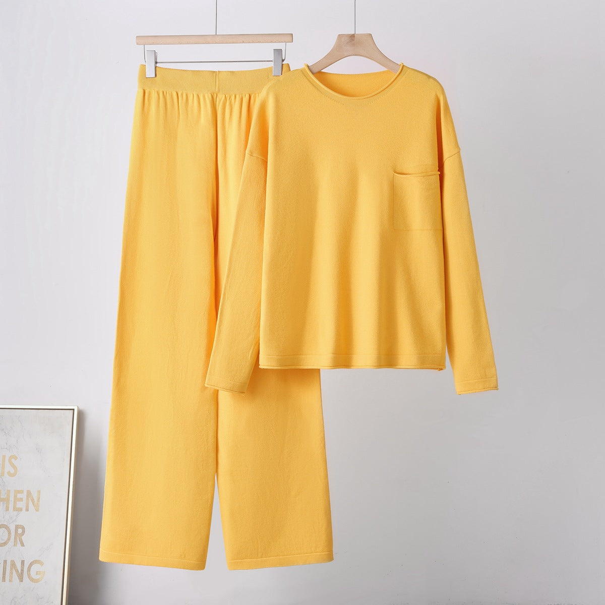 Round Neck Pocket Sweater  Loose Casual Wide-Leg Pants for Women