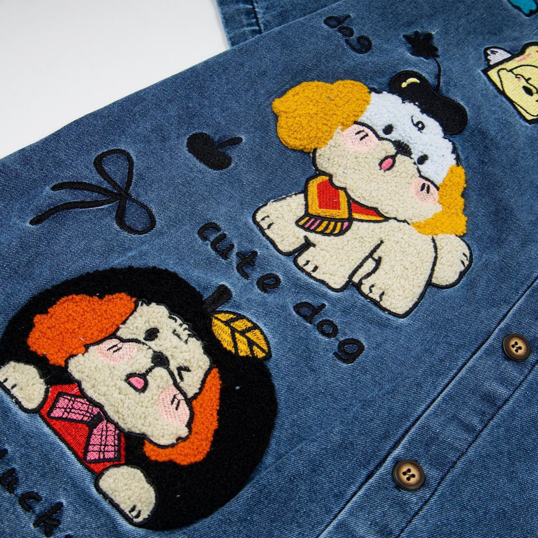 Cute little dog embroidered denim short sleeved shirt