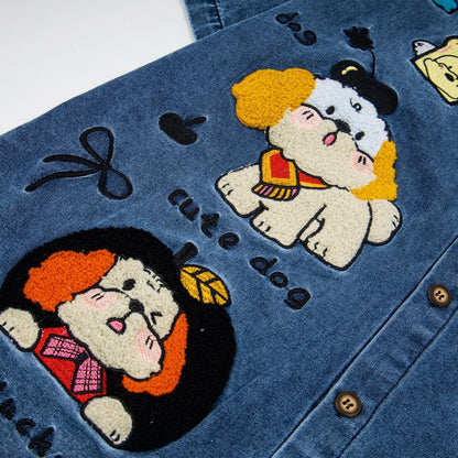 Cute little dog embroidered denim short sleeved shirt