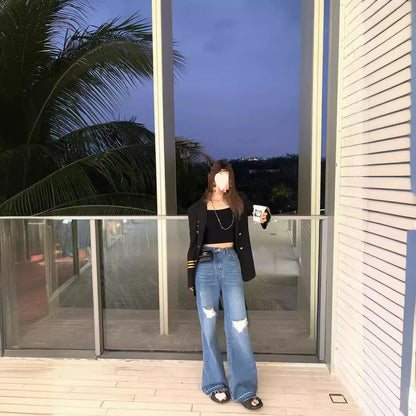 Layered Ripped Wide-Leg Jeans Women Spring New Long Pants