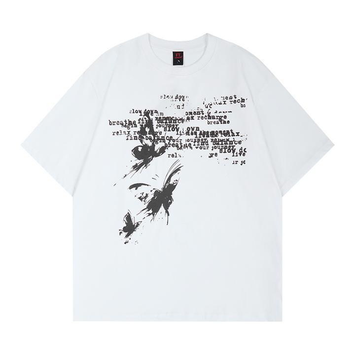 T-shirt lavé à manches courtes imprimé papillon