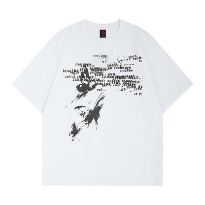 T-shirt lavé à manches courtes imprimé papillon