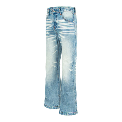 Washed Distressed Light Blue Cat Eye Bamboo Texture Flared Jeans