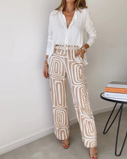 Ensemble Femme Chemise Décontractée à Revers et Manches Longues Imprimée et Pantalon Large