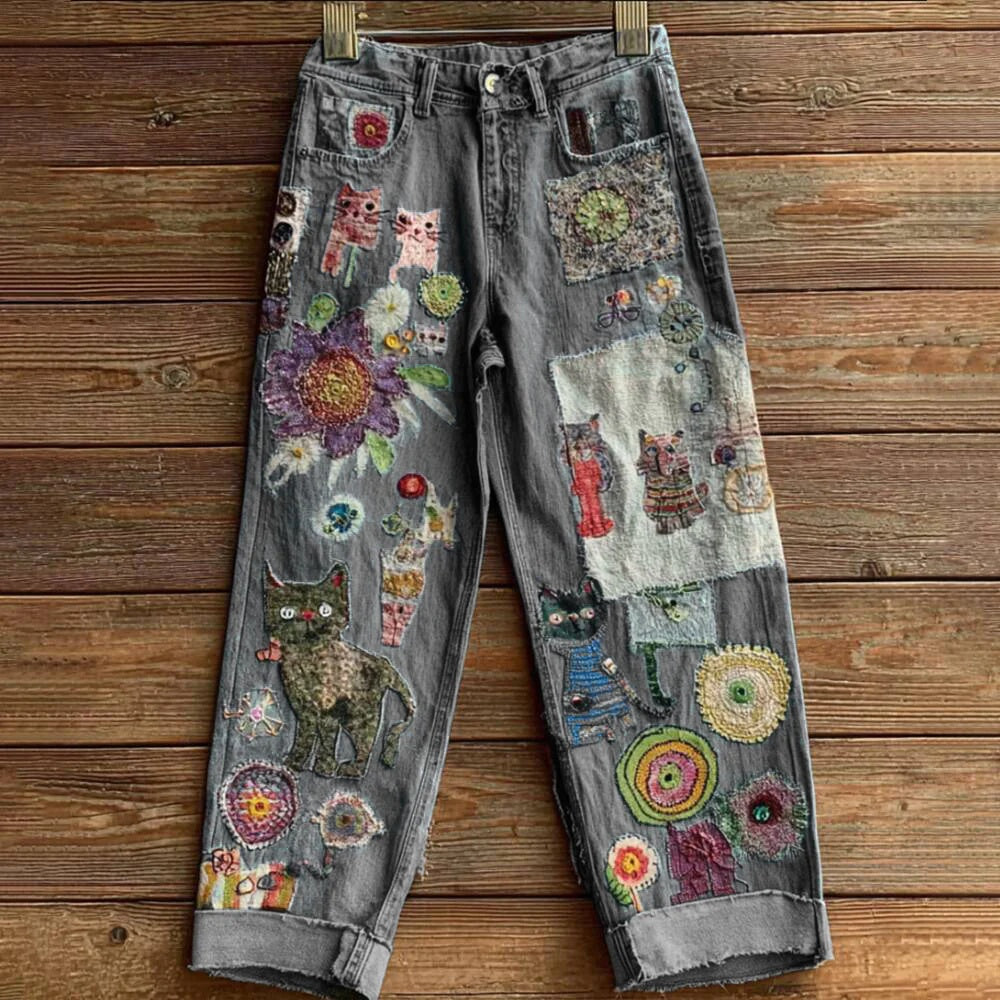 Nuevos pantalones vaqueros acampanados con estampado 3D por transferencia de calor en denim sintético