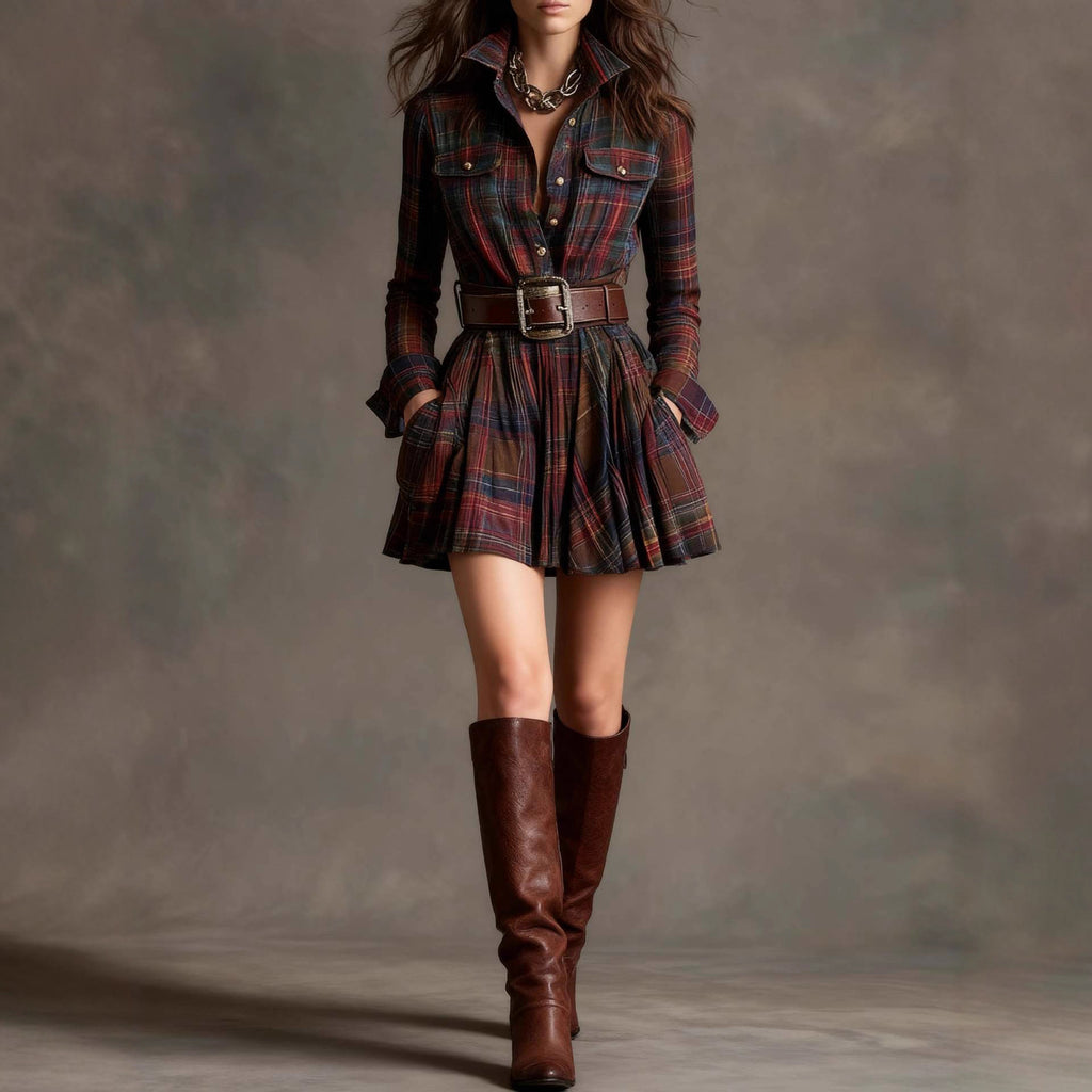 Robe courte élégante à carreaux à manches longues avec ceinture, style européen et américain