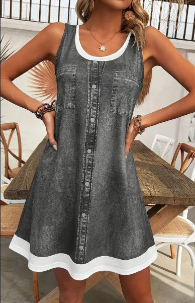 Robe de plage décontractée sans manches pour femme avec blocs de couleur, col rond et faux boutons - Lavable en machine