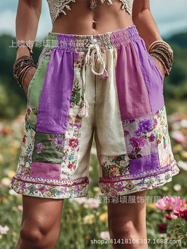 Pantalones cortos casuales de mujer con estampado floral retro europeo y americano