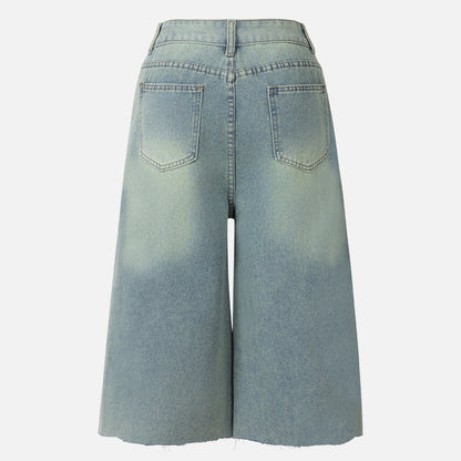 Pantacourt large en jean chic effet vieilli