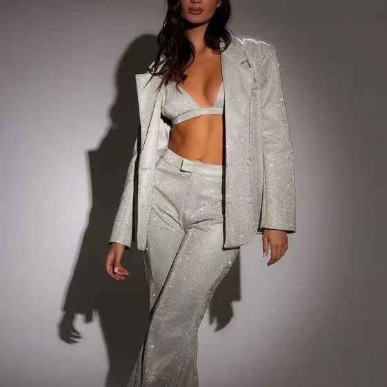 Traje brillante de 3 piezas de manga larga con sujetador, blazer de solapa y pantalones de pernera recta, conjunto de chaqueta de moda para fiesta, ropa de mujer