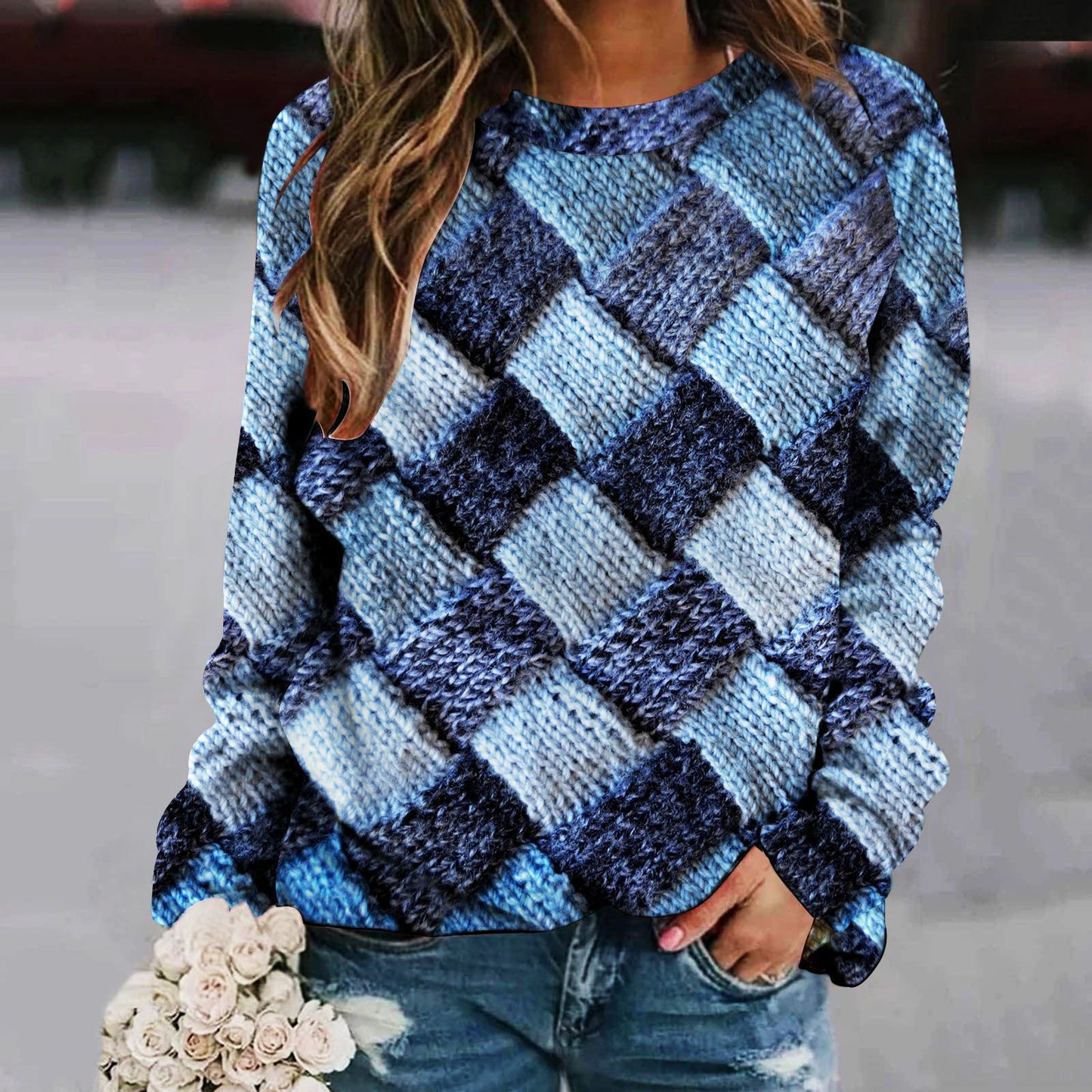 Pull femme à manches longues raglan, col rond et imprimé patchwork